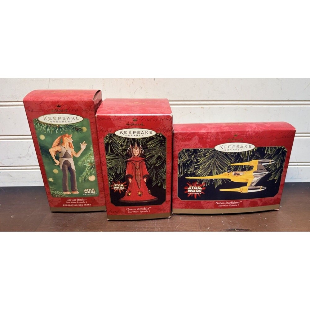 Lot of 3 Hallmark Star Wars Ornaments Jar jar, Naboo Starfighter,  Queen Amidala